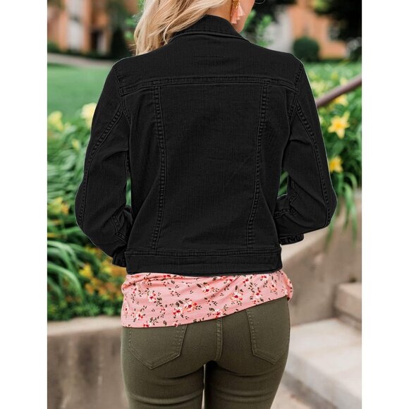 Women's Basic Long Sleeves Button Down Fitted Denim Jean Jacket Always Black - Picture 2 of 5